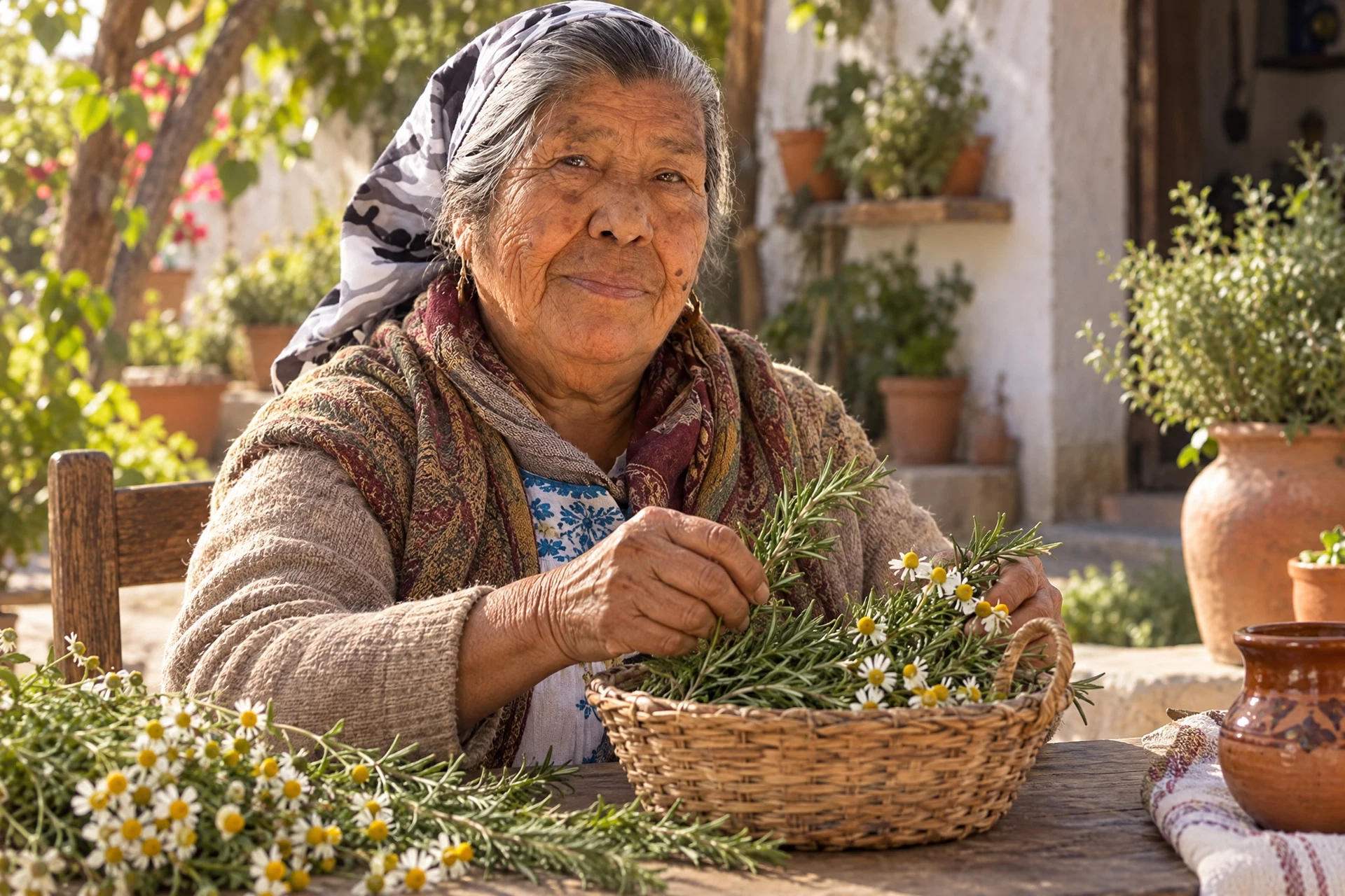 Petra acomodando romero y flores de manzanilla en una cesta